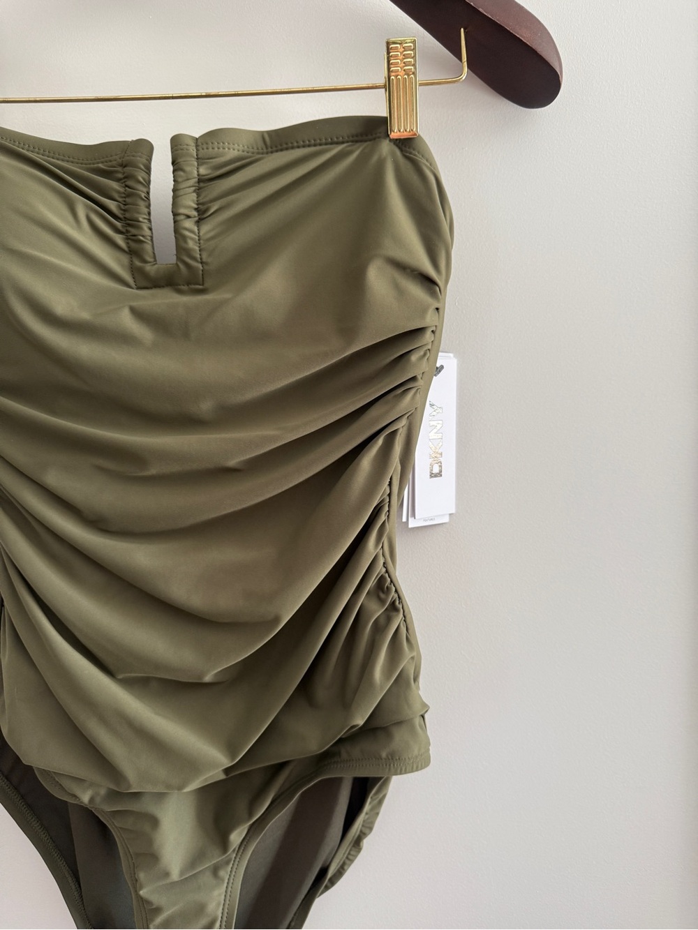 DKNY Olive Green Ruched One-Piece Swimsuit NWT Medium Strapless Tummy Control - Picture 2 of 9